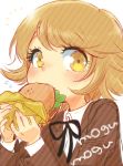  1boy brown_eyes brown_hair dangan_ronpa dangan_ronpa_1 eating food fujisaki_chihiro hamburger looking_at_viewer lowres short_hair solo white_background 