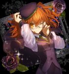  1girl ;) absurdres beret bespectacled capelet fate/grand_order fate_(series) female_protagonist_(fate/grand_order) flower formal glasses hat highres necktie one_eye_closed orange_eyes redhead routo scrunchie side_ponytail smile solo vest 