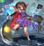  1girl brown_eyes brown_hair cape cellphone glasses hat long_sleeves looking_at_viewer outstretched_arm phone red-framed_glasses runes shirt skirt skirt_set skull smartphone smile solo touhou umigarasu_(kitsune1963) usami_sumireko vest zener_card 