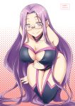  1girl breasts cleavage cleavage_cutout collar collarbone dress fate/grand_order fate/stay_night fate_(series) glasses kneeling large_breasts legs long_hair purple_hair rider shiny shiny_hair smile solo thigh-highs thigh_gap thighs very_long_hair violet_eyes zanku 