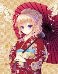  1girl bangs blonde_hair blush checkered checkered_background cherry_blossoms floral_print flower hair_between_eyes hair_flower hair_ornament holding_umbrella japanese_clothes kimono kuroe_(sugarberry) long_hair looking_at_viewer nakiri_erina obi oriental_umbrella petals ponytail print_kimono sash shokugeki_no_souma smoke solo umbrella upper_body violet_eyes 