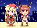  &gt;:d 2girls :d animal_costume antlers boots brown_hair christmas hat jinnouchi_akira kill_me_baby long_hair midriff multiple_girls navel open_mouth oribe_yasuna over_shoulder reindeer_antlers reindeer_costume reindeer_ears reindeer_tail sack santa_boots santa_costume santa_hat short_hair smile sonya_(kill_me_baby) thigh-highs thigh_boots twintails 