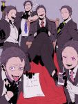  6+boys alternate_costume alternate_hairstyle baseball_bat black_gloves blue_eyes blue_necktie brothers brown_hair cigarette cracking_knuckles crossed_legs fang formal gloves green_eyes green_necktie hair_slicked_back half_gloves hands_together mafia male_focus matsuno_choromatsu matsuno_ichimatsu matsuno_juushimatsu matsuno_karamatsu matsuno_osomatsu matsuno_todomatsu multiple_boys nail nail_bat necktie osomatsu-kun osomatsu-san paper pink_eyes pink_necktie popped_collar presenting red_eyes red_necktie sextuplets siblings sitting smile smoking suit surgical_mask takeo_(nametake) throne tongue tongue_out twitter_username violet_eyes waistcoat yellow_eyes 