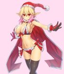  1girl aqua_eyes asamura_hiori bare_shoulders blonde_hair blue_eyes blush breasts cape christmas cleavage euclita_(pso2) gloves hat highres large_breasts long_hair looking_at_viewer multicolored_hair navel open_mouth phantasy_star phantasy_star_online_2 pink_hair pointy_ears red_eyes santa_costume santa_hat smile solo thigh-highs twintails two-tone_hair 