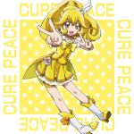  1girl :d bike_shorts blonde_hair boo_(takagi) boots bow brooch character_name cure_peace double_v full_body happy highres jewelry kise_yayoi knee_boots long_hair looking_at_viewer magical_girl open_mouth polka_dot polka_dot_background precure shorts_under_skirt skirt smile smile_precure! solo v white_boots yellow yellow_background yellow_bow yellow_eyes yellow_skirt 
