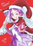  1girl arm_warmers bag bow brooch capelet chocokin cowboy_shot creature cure_sword dated davi_(dokidoki!_precure) dokidoki!_precure gift giving hat jewelry kenzaki_makoto looking_at_viewer magical_girl merry_christmas one_eye_closed precure purple_bow purple_hair purple_skirt red_background santa_hat short_hair signature skirt smile violet_eyes 