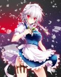  1girl albino between_fingers blue_dress braid breasts cowboy_shot dress highres holster izayoi_sakuya knife looking_at_viewer maid maid_headdress osashin_(osada) puffy_short_sleeves puffy_sleeves red_eyes revision shirt short_sleeves silver_hair solo thigh_holster thighs throwing_knife touhou twin_braids white_hair wind_lift wrist_cuffs 
