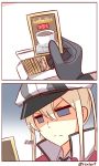  &gt;:( 1girl blonde_hair blue_eyes chinese coffee comic german gloves graf_zeppelin_(kantai_collection) hat high_collar kantai_collection peaked_cap rexlent shaded_face translated uniform 