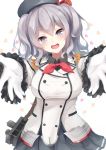 1girl bag blush epaulettes gloves grey_eyes hat heart highres igakusei incoming_hug kantai_collection kashima_(kantai_collection) looking_at_viewer military military_uniform open_mouth outstretched_arms silver_hair skirt smile solo twintails uniform white_gloves 