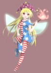  1girl american_flag_legwear american_flag_shirt blonde_hair clownpiece fairy_wings hat highres hiro_(pqtks113) jester_cap long_hair open_mouth pantyhose red_eyes smile solo torch touhou very_long_hair wings 