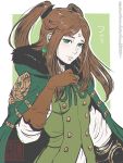  1girl brown_gloves brown_hair buttons clockwork-cadaver coat drag-on_dragoon_3 earrings facial_mark forehead_mark four_(drag-on_dragoon) fur_trim gloves green_eyes jacket_on_shoulders japanese jewelry long_hair roman_numerals solo twintails waistcoat watermark web_address 