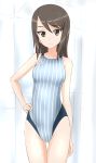  1girl bare_arms bare_shoulders brown_eyes brown_hair collarbone competition_swimsuit girls_und_panzer hand_on_hip highres long_hair mika_(girls_und_panzer) narrow_waist one-piece_swimsuit simple_background solo standing striped striped_swimsuit swimsuit takafumi thigh_gap 