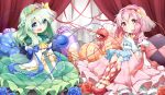  2girls alternate_costume ankle_lace-up arm_ribbon ass bed blue_eyes blue_rose braid bridal_veil canopy_bed clown_222 cross-laced_footwear fingers_together flower gloves green_hair hair_ornament hairband heart juliet_sleeves komeiji_koishi komeiji_satori long_sleeves multiple_girls open_mouth pillow pink_eyes pink_hair puffy_sleeves red_rose ribbon rose shirt siblings sisters skirt third_eye touhou veil white_gloves 