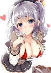  1girl beret blue_eyes blush bra breasts cleavage epaulettes hat hazuki_gyokuto heart jacket kantai_collection kashima_(kantai_collection) large_breasts leaning_forward long_hair looking_at_viewer military military_uniform miniskirt open_clothes open_jacket pleated_skirt red_bra silver_hair skirt smile solo tsurime twintails underwear uniform wavy_hair 