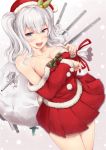  1girl alternate_costume blue_eyes blush breast_hold breasts cannon detached_sleeves hair_between_eyes hat highres ichikawa_feesu kantai_collection kashima_(kantai_collection) large_breasts looking_at_viewer miniskirt off_shoulder open_mouth pleated_skirt santa_costume santa_hat skirt solo twintails wavy_hair 
