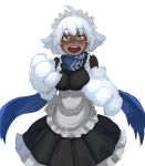  1girl :d ahoge alternate_costume blush_stickers dark_skin enmaided fur grey_eyes highres less looking_at_viewer maid maid_headdress monster_girl monster_girl_encyclopedia open_mouth paws scarf short_hair silver_hair simple_background smile solo white_background yeti_(monster_girl_encyclopedia) 