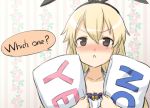  &gt;:&lt; 1girl :&lt; blonde_hair blush commentary_request engiyoshi english grey_eyes hair_between_eyes hair_ornament hairband kantai_collection long_hair looking_at_viewer pillow pillow_hug reverse_translation shimakaze_(kantai_collection) solo yes-no_pillow 