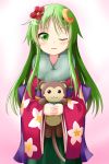  1girl crescent_hair_ornament floral_print flower green_eyes green_hair hair_flower hair_ornament ichimi japanese_clothes kantai_collection kimono long_hair looking_at_viewer nagatsuki_(kantai_collection) one_eye_closed solo stuffed_monkey stuffed_toy very_long_hair 