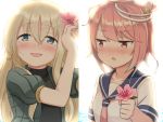  2girls ahoge arms_up blonde_hair blush commentary_request crying crying_with_eyes_open engiyoshi flower hair_between_eyes hair_flower hair_ornament happy happy_tears i-58_(kantai_collection) kantai_collection long_hair looking_away military military_uniform multiple_girls nose_blush open_mouth pink_hair puffy_short_sleeves puffy_sleeves school_uniform serafuku short_hair short_sleeves smile tears u-511_(kantai_collection) uniform 
