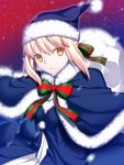  1girl blonde_hair capelet dress fate/grand_order fate/stay_night fate_(series) hat highres looking_at_viewer saber saber_alter sack santa_hat skylader solo yellow_eyes 