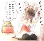  2girls ? alternate_costume bell black_legwear blonde_hair blush box brown_hair capelet dress facepalm gift gift_box gloves hair_bell hair_ornament hakurei_reimu in_box in_container kirisame_marisa multiple_girls o_o pantyhose piyokichi red_dress red_gloves santa_costume tears touhou translated trembling 