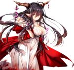  1girl antenna_hair bandages black_hair blush breasts cleavage danua granblue_fantasy hair_between_eyes horn_ornament horns jewelry large_breasts long_hair looking_at_viewer necklace pointy_ears red_eyes simple_background smile solo zinno 