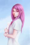  1girl artist_name bangs blue_background eyelashes flyer from_side glasses gradient gradient_background highres holding_paper kamishiro_rize lips long_hair looking_at_viewer looking_to_the_side naoko_(naoko00) paper parted_lips pink_eyes pink_hair red-framed_glasses semi-rimless_glasses shirt short_sleeves simple_background solo swept_bangs tokyo_ghoul under-rim_glasses watermark web_address white_shirt 