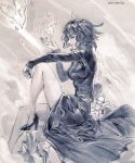  1boy 1girl 2015 dated dress fubuki_(onepunch_man) high_heels highres miniboy monochrome nax onepunch_man saitama_(onepunch_man) short_hair signature sitting telekinesis 