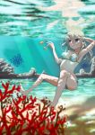  1girl air_bubble arm_up armpits barefoot bikini blonde_hair breath bubble coral eila_ilmatar_juutilainen fish freediving grin highres holding_breath long_hair smile strike_witches striped striped_bikini striped_swimsuit suomio swimming swimsuit toe_scrunch underwater water 