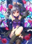  1girl armpits arms_up bare_shoulders black_legwear blush breasts brooch chain drill_hair flower grey_hair hair_flower hair_ornament idolmaster idolmaster_cinderella_girls jewelry kanzaki_ranko long_hair looking_at_viewer nail_polish open_mouth purple_nails red_eyes rose rosenburg_engel single_thighhigh solo stained_glass thigh-highs torn_clothes twin_drills twintails urabi_(tomatohouse) wings 