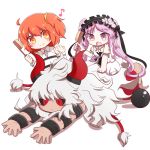  1boy 2girls asterios_(fate/grand_order) black_sclera cuffs euryale fate/grand_order fate_(series) female_protagonist_(fate/grand_order) hair_brush horns long_hair lying mane motiumai multiple_girls musical_note on_stomach open_mouth orange_eyes purple_hair red_eyes redhead scar shackles side_ponytail smile twintails very_long_hair violet_eyes white_hair 