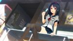  1girl black_hair black_legwear blue_skirt eating food from_below game_cg hairband highres ice_cream kirimi_hikari pleated_skirt school_uniform sitting skirt solo sorairo_innocent thigh-highs 