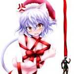  1boy 1girl abs anger_vein angry animal_ears bare_shoulders blue_hair blush breasts cat_ears cat_tail christmas covering covering_breasts d:&lt; fangs full-face_blush gift_wrapping gon-san gon_freecss hat hunter_x_hunter muscle naked_ribbon navel nefelpitou orange_eyes pale_skin ribbon santa_hat short_hair tail watarui wavy_hair wrapped_up 