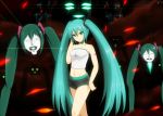  1girl aqua_hair green_eyes hatsune_miku highres kaiten_nekohige long_hair looking_at_viewer navel short_shorts shorts solo twintails vocaloid 