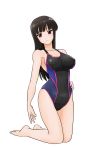  1girl black_eyes black_hair competition_swimsuit girls_und_panzer hand_on_hip kneeling long_hair looking_at_viewer matsui_yasutsugu nishizumi_shiho one-piece_swimsuit simple_background solo swimsuit white_background 