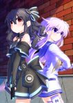  2girls bare_shoulders black_hair choujigen_game_neptune d-pad elbow_gloves gloves gun hair_ornament long_hair mizunashi_(second_run) multiple_girls nepgear neptune_(series) open_mouth purple_hair red_eyes sword thigh-highs twintails uni_(choujigen_game_neptune) violet_eyes weapon 