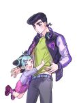  aqua_hair belt black_hair child closed_eyes double_bun hair_ornament hairclip headphones headphones_around_neck higashikata_jousuke jacket jojo_no_kimyou_na_bouken kuujou_jolyne multicolored_hair open_mouth pompadour purple_hair reammara shorts smile socks star_hair_ornament star_print suspenders two-tone_hair younger 