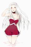  1girl :d aemu_(august_life) arm_up armpits breasts choker cleavage fate/zero fate_(series) highres irisviel_von_einzbern long_hair looking_at_viewer navel open_mouth panties red_eyes santa_costume see-through silver_hair simple_background smile solo underwear very_long_hair white_background 