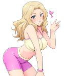  1girl bent_over bike_shorts blonde_hair blue_eyes bracelet breasts girls_und_panzer heart highres jewelry kay_(girls_und_panzer) large_breasts long_hair looking_at_viewer smile solo sports_bra tsurui 