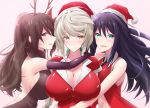  3girls alternate_costume amagi_(kantai_collection) antlers aqua_eyes arms_around_neck backless_outfit black_hair blush braid breasts brown_eyes brown_hair christmas cleavage dress embarrassed from_side girl_sandwich group_hug hair_between_eyes hair_ornament hat highres hug huge_breasts kantai_collection katsuragi_(kantai_collection) large_breasts leaf_hair_ornament long_hair looking_at_viewer looking_to_the_side multiple_girls navel_cutout nose_blush parted_lips ponytail reindeer_antlers sandwiched santa_costume santa_hat shiroshimu short_sleeves sideboob silver_hair single_braid sleeveless sleeveless_dress unryuu_(kantai_collection) very_long_hair wavy_mouth yellow_eyes 