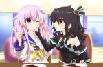  2girls bare_shoulders black_hair blush choker d-pad gloves hair_ornament long_hair mizunashi_(second_run) multiple_girls nepgear neptune_(series) one_eye_closed open_mouth purple_hair red_eyes smile uni_(choujigen_game_neptune) violet_eyes wiping_mouth 