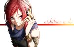  1girl bangs black_shirt character_name closed_mouth from_above hair_between_eyes hand_on_headphones headphones highres jewelry looking_away looking_to_the_side love_live!_school_idol_project nishikino_maki off-shoulder_shirt redhead ring scarf shirt short_hair smile solo swept_bangs upper_body vice_(kuronekohadokoheiku) violet_eyes white_background 