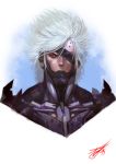  1boy cyborg eyepatch heewon_lee highres male_focus metal_gear_(series) metal_gear_rising:_revengeance raiden red_eyes signature solo upper_body white_hair 