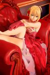  1girl ahoge armchair armpits bare_shoulders blonde_hair chair fate/extra fate_(series) flower gloves green_eyes hair_flower hair_ornament hand_on_leg highres looking_at_viewer rose saber_extra sitting smile solo zenyu 