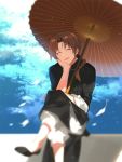  1boy ^_^ ahoge bent_knees blurry braid brown_hair chin_rest chinese_clothes closed_eyes clouds cloudy_sky crossed_legs gintama hand_on_own_cheek head_tilt highres kamui_(gintama) long_hair open_mouth oriental_umbrella parasol petals sennen_suisei single_braid sitting sky sleeves_past_elbows sleeves_rolled_up smile umbrella 