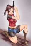  1girl arios_(orochi_yuta) ass belt bike_shorts blue_eyes blush boots breasts brown_hair claire_redfield cleavage denim gun long_hair ponytail resident_evil resident_evil_2 short_hair sidelocks solo torn_clothes weapon 