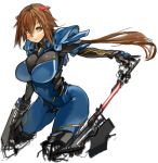  1girl blue_eyes bodysuit borrowed_character breasts brown_hair commentary_request holding_weapon long_hair looking_at_viewer original sachito simple_background solo white_background 