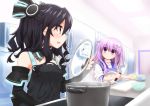  2girls apron bare_shoulders black_hair blush cooking d-pad hair_ornament long_hair mizunashi_(second_run) multiple_girls nepgear neptune_(series) purple_hair red_eyes smile twintails uni_(choujigen_game_neptune) violet_eyes 