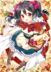  1girl basket black_hair breasts cleavage cosplay food fruit hood little_red_riding_hood little_red_riding_hood_(cosplay) little_red_riding_hood_(grimm) love_live!_school_idol_project mitsumomo_mamu open_mouth red_eyes short_hair smile solo twintails yazawa_nico 