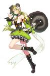  1girl absurdres animal_ears black_boots boots breasts cleavage detached_sleeves elsword flower frills full_body green_eyes green_hair green_skirt hair_flower hair_ornament highres kemonomimi_mode knee_boots long_hair looking_at_viewer pointy_ears ponytail rena_(elsword) skirt smile solo squirrel_ears squirrel_tail tail utut v white_background wind_sneaker_(elsword) 